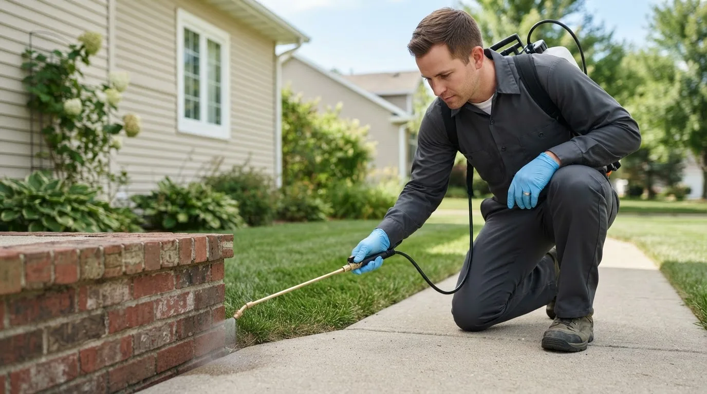 Pest control technician treating a home near Herscher, IL